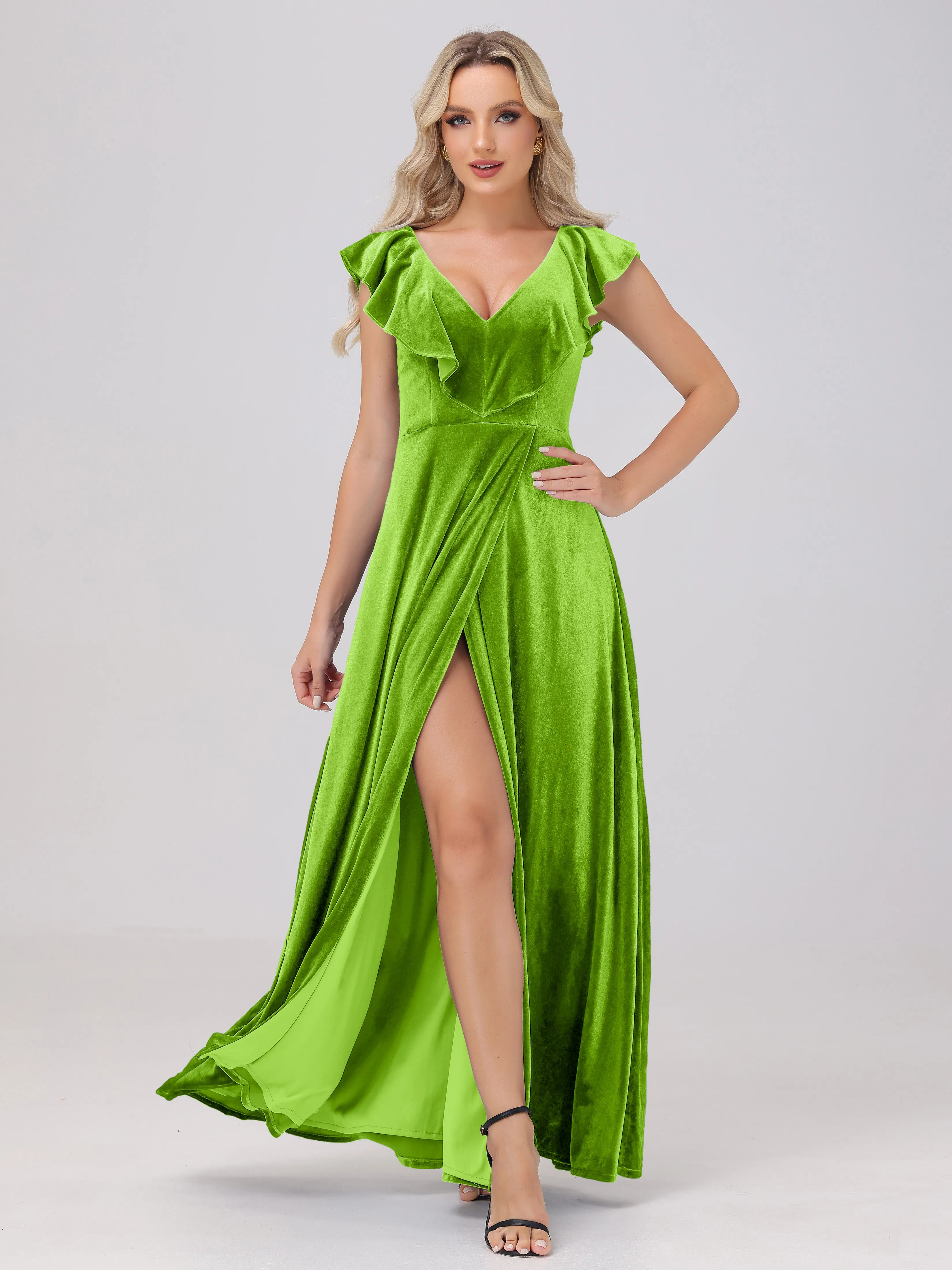 A-Line Ruffles Sleeves V-Neck Long Velvet Bridesmaid Dresses With Split