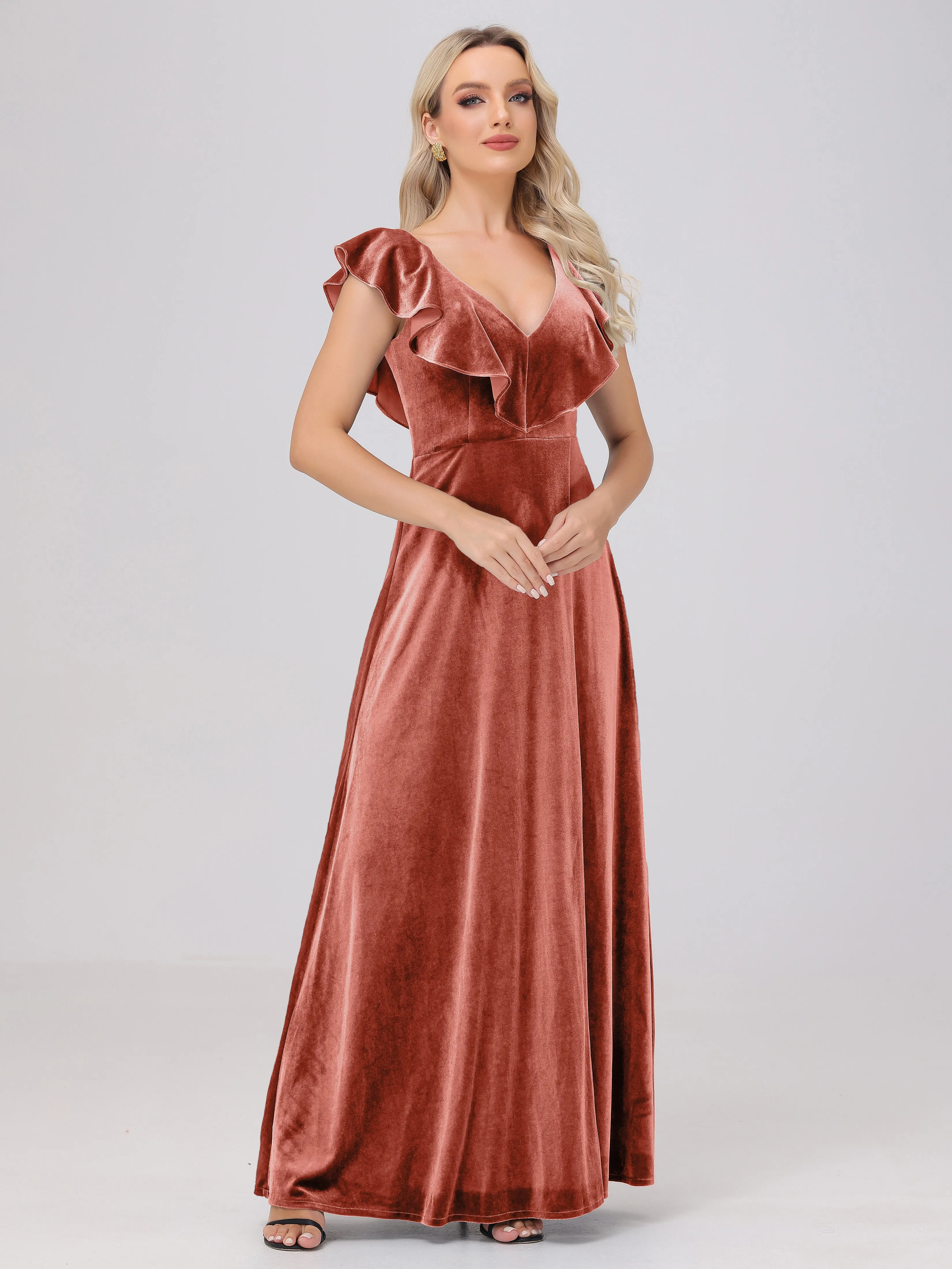 A-Line Ruffles Sleeves V-Neck Long Velvet Bridesmaid Dresses With Split