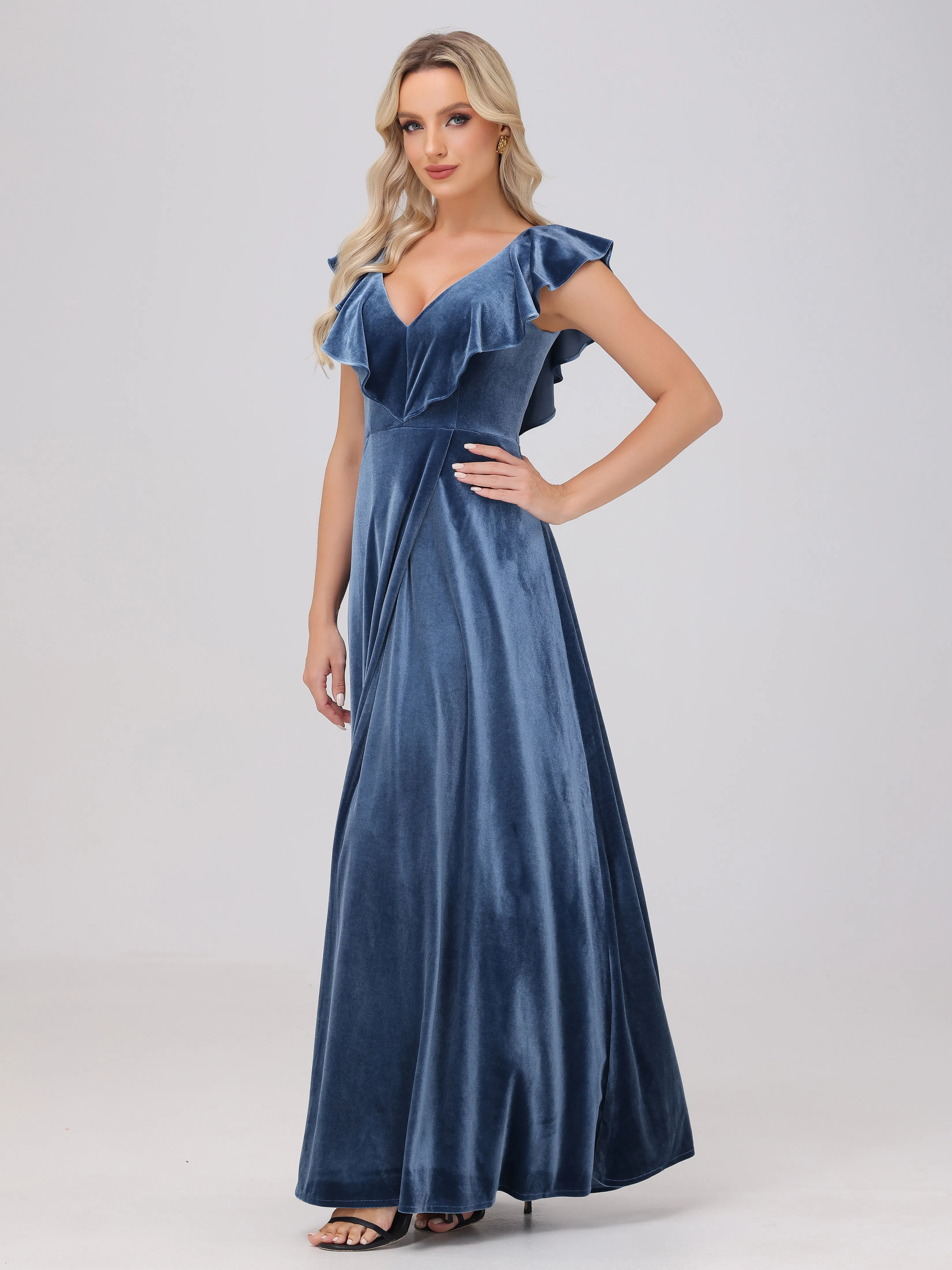 A-Line Ruffles Sleeves V-Neck Long Velvet Bridesmaid Dresses With Split