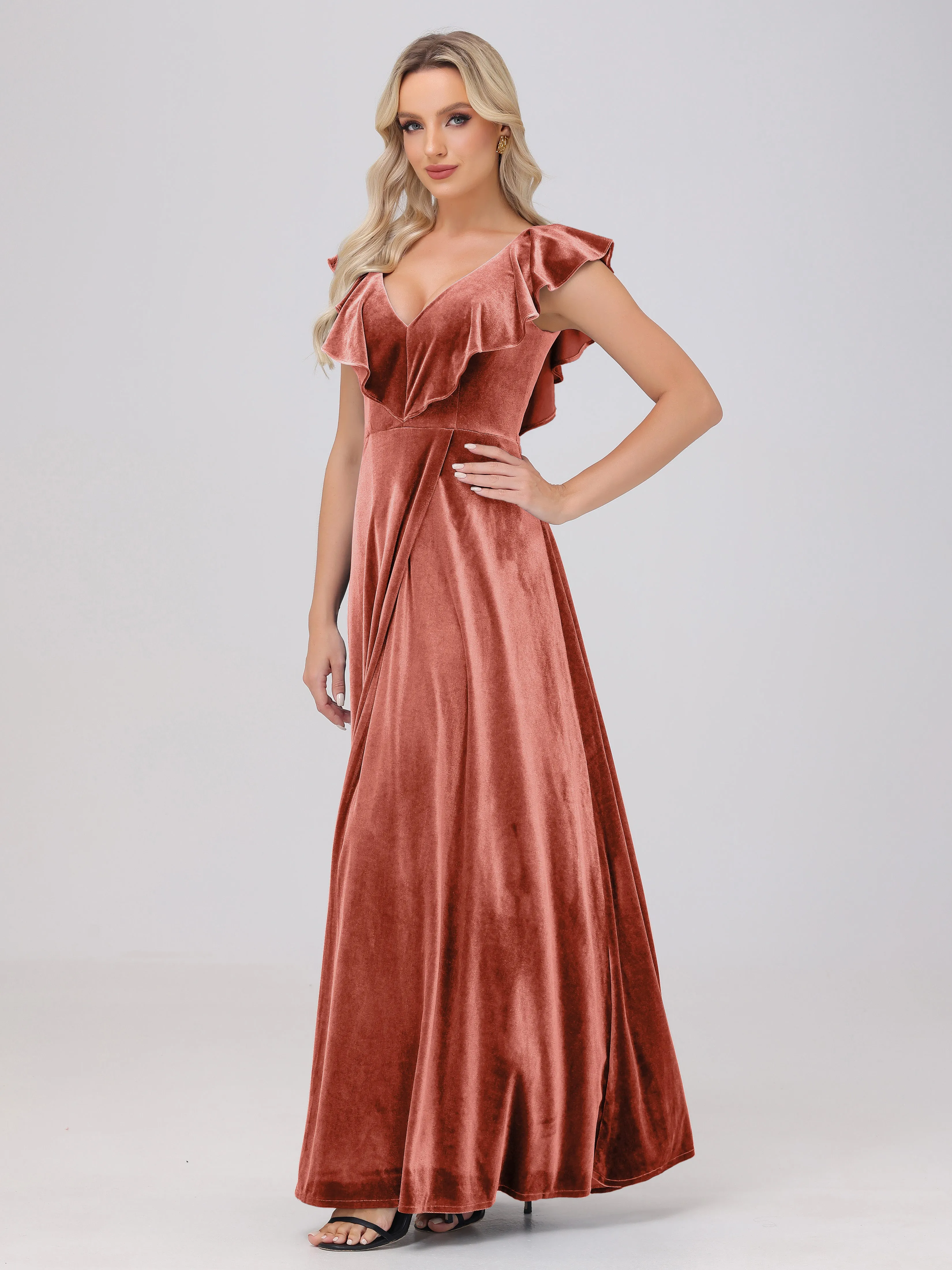 A-Line Ruffles Sleeves V-Neck Long Velvet Bridesmaid Dresses With Split