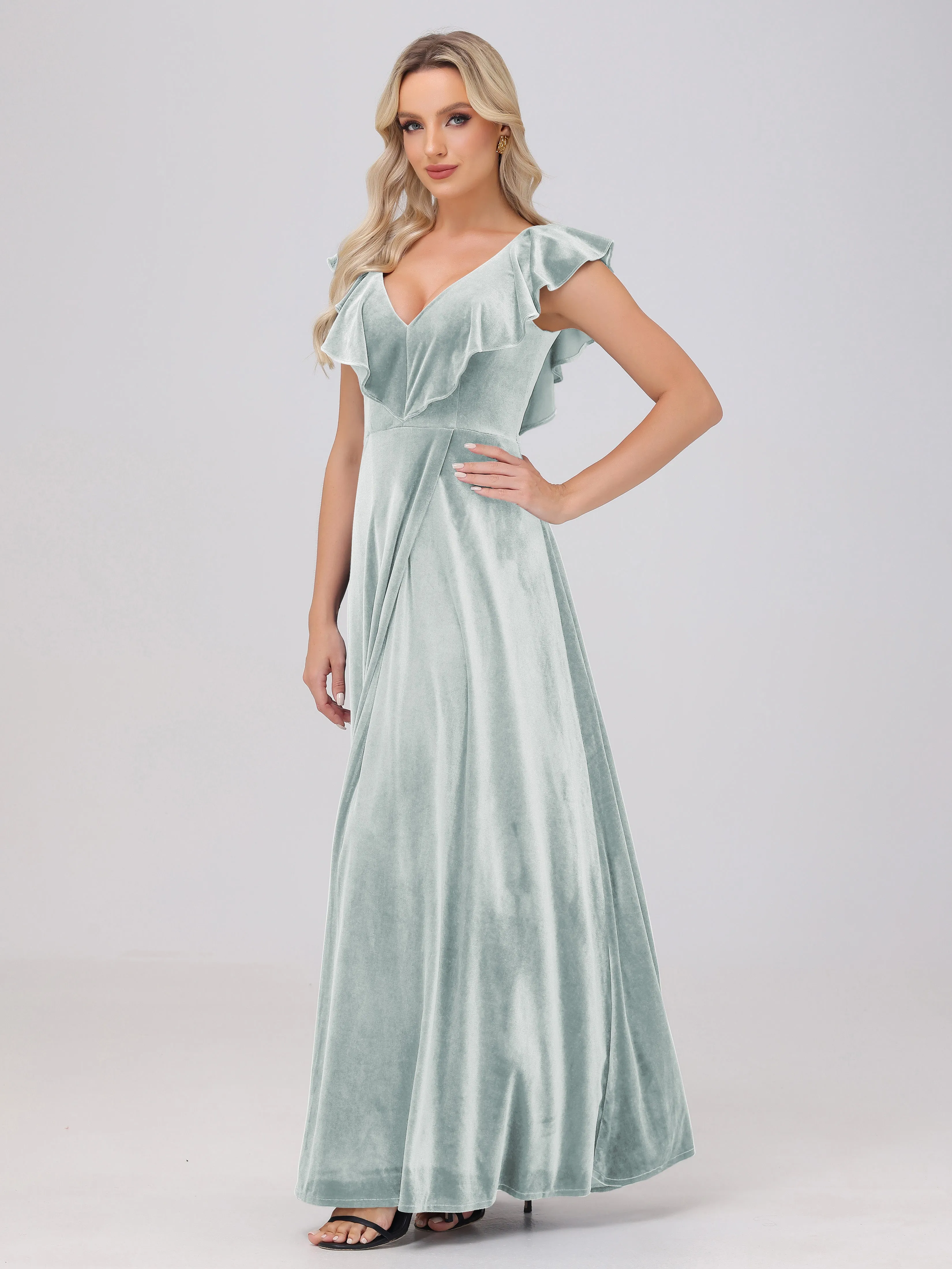 A-Line Ruffles Sleeves V-Neck Long Velvet Bridesmaid Dresses With Split