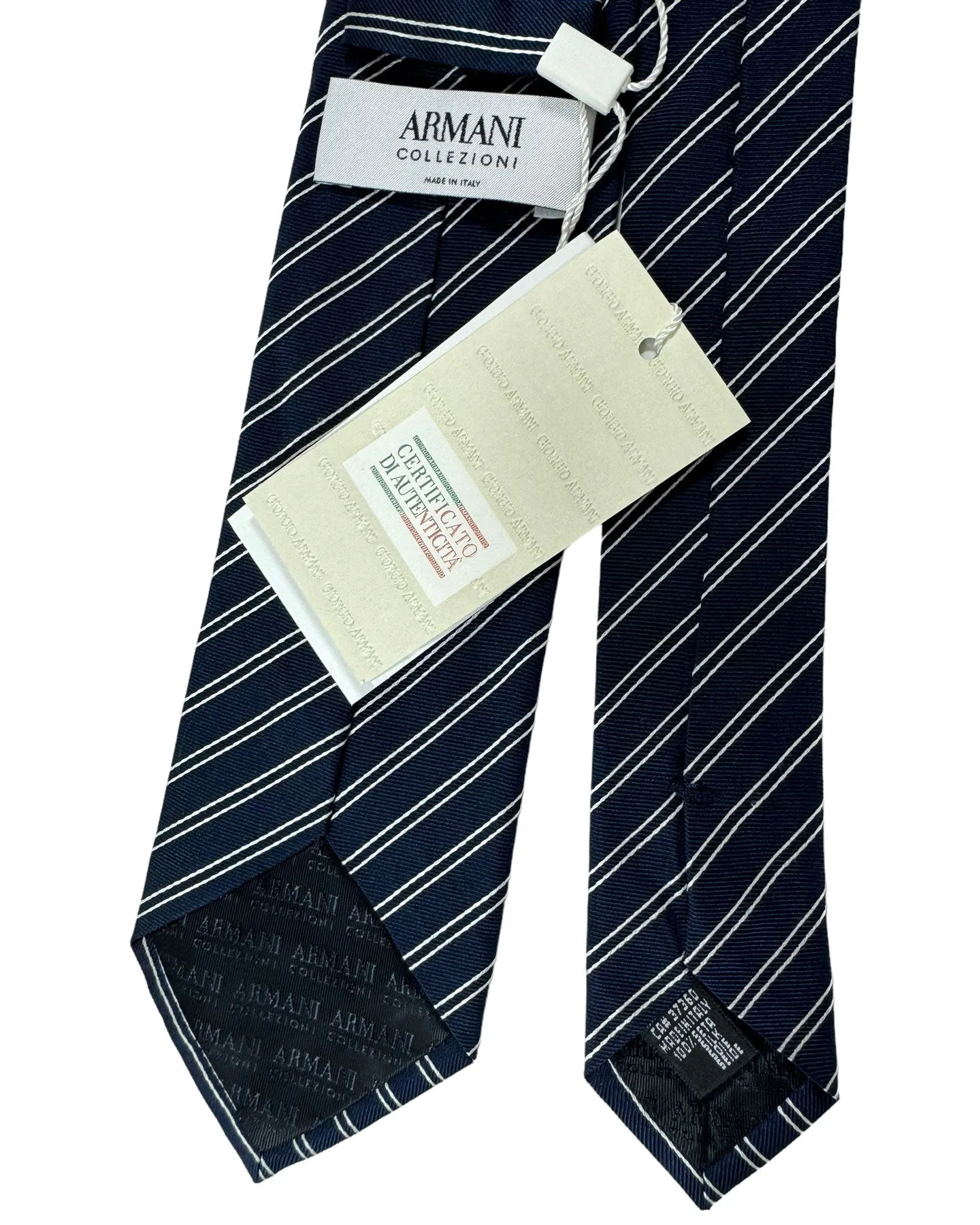 Armani Silk Tie Dark Navy Silver Stripes