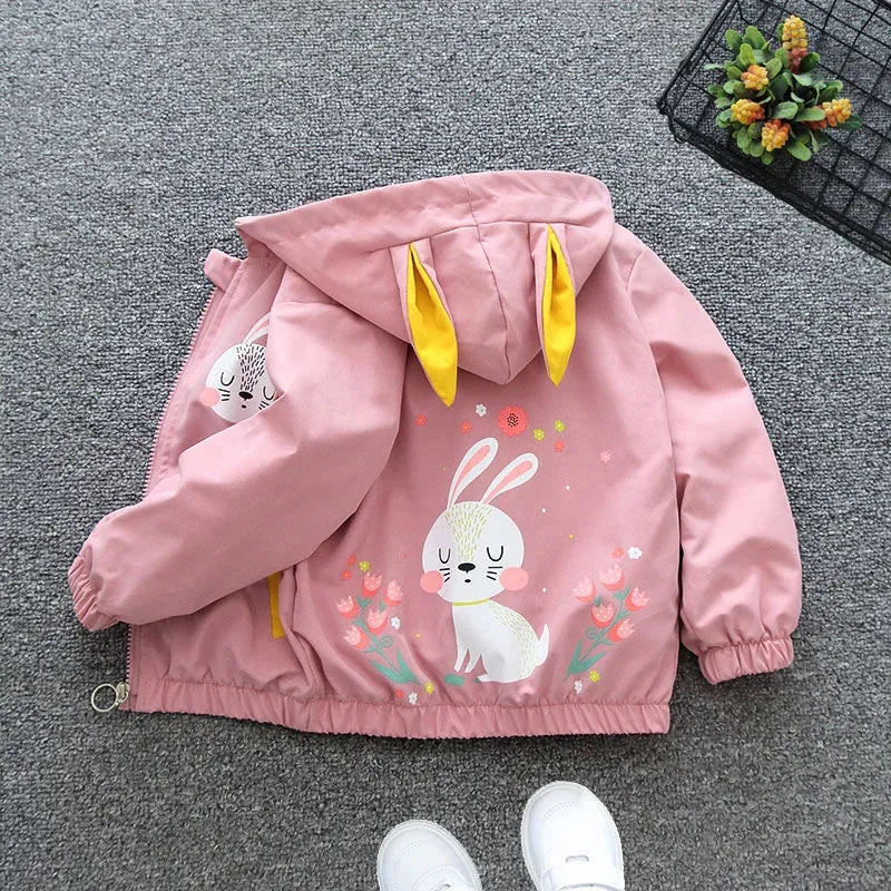 Baby Girls Jacket Cute Cartoon Animals Spring Fall Boy Windbreaker Coat Hooded Zipper Outerwear Kids 1 2 3 4 5 6 Years