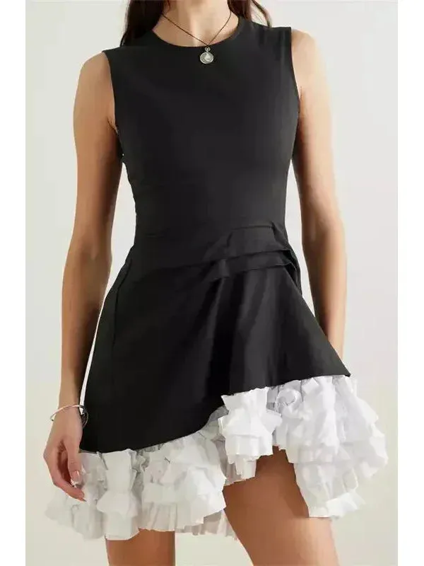 Black and White Gathered Ruffled Cotton-Twill Mini Dress