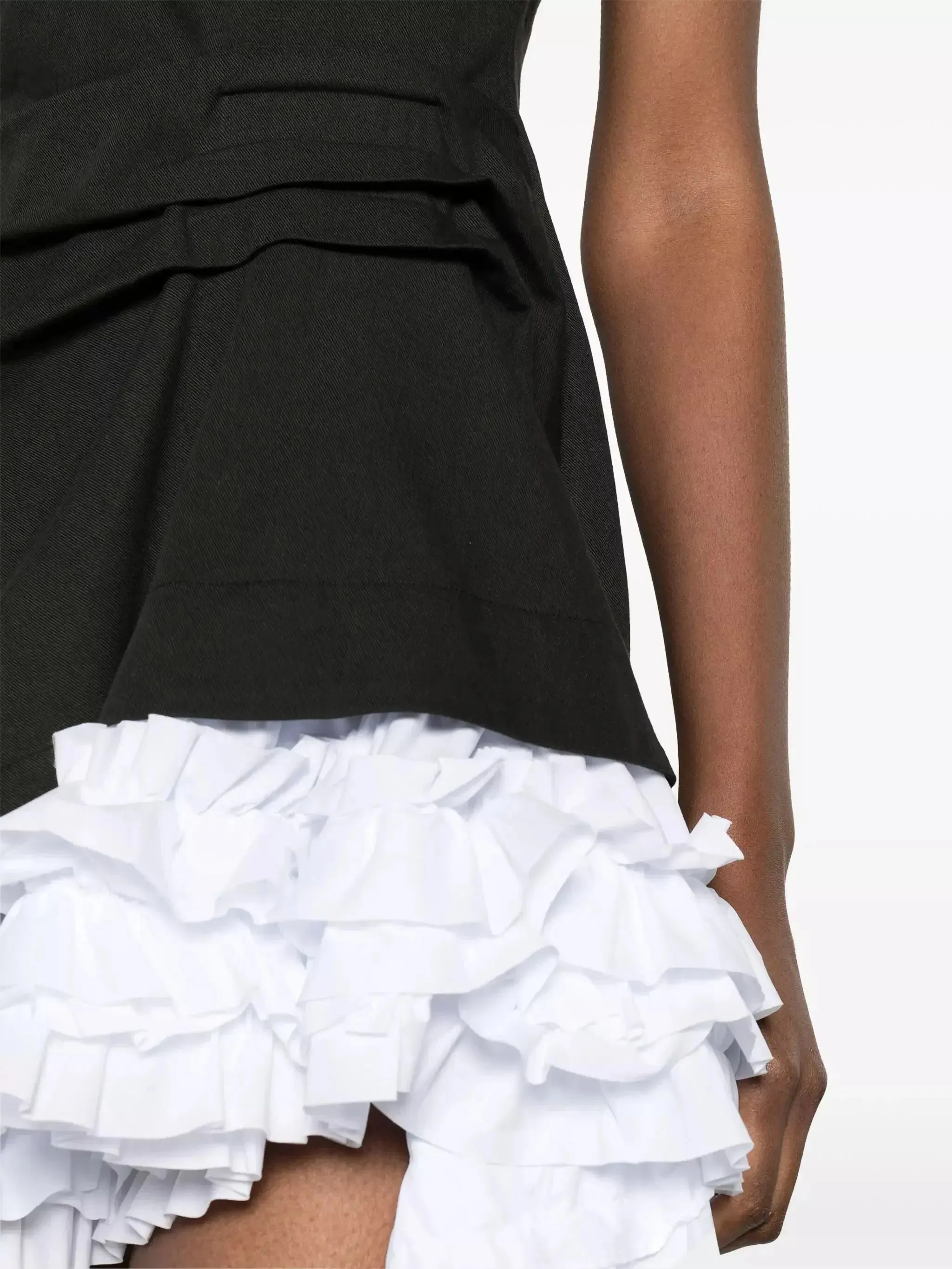 Black and White Gathered Ruffled Cotton-Twill Mini Dress