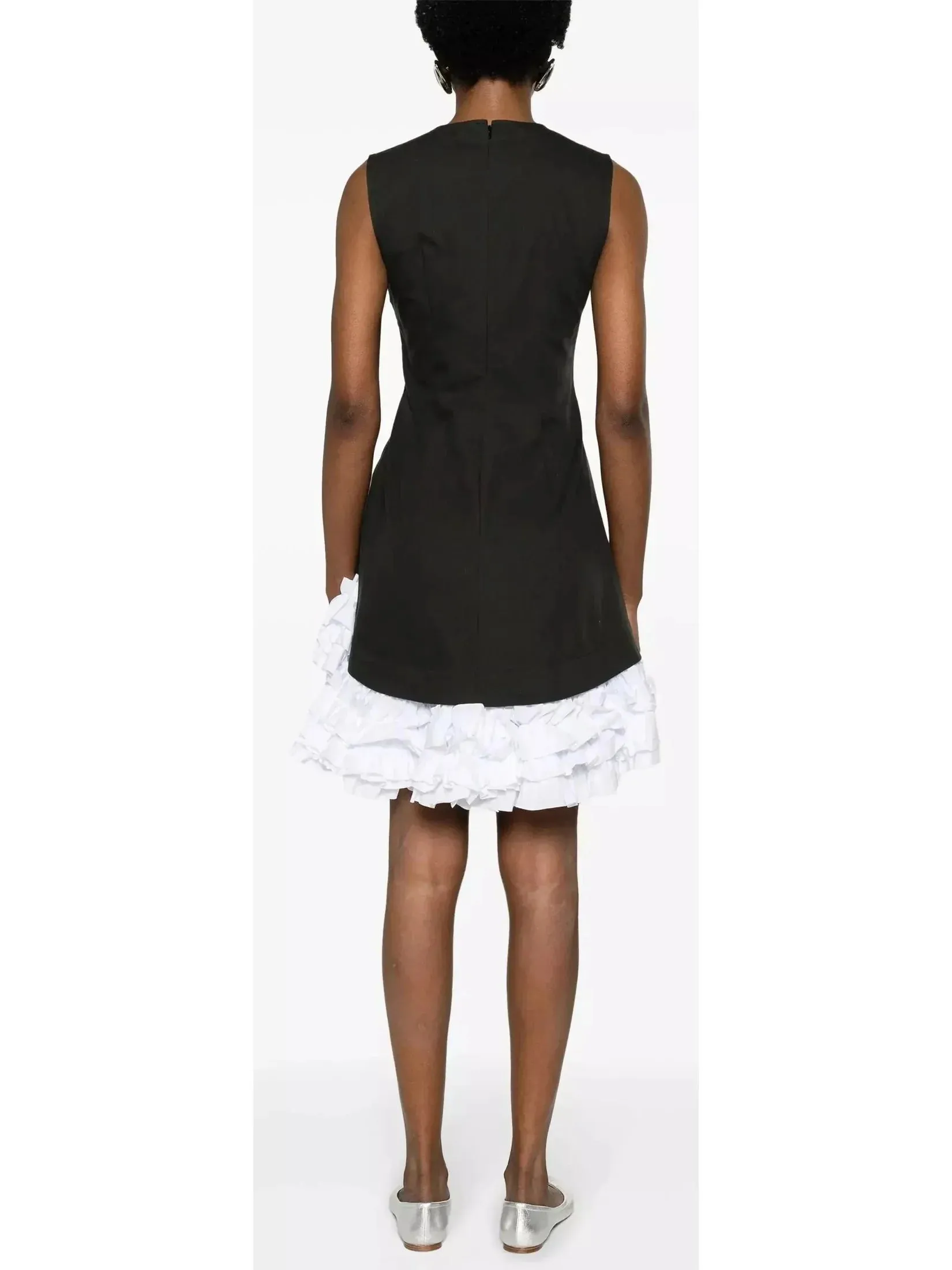 Black and White Gathered Ruffled Cotton-Twill Mini Dress