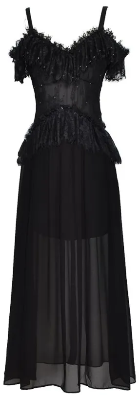 Black Ruffled Lace Cold Shoulder Dress