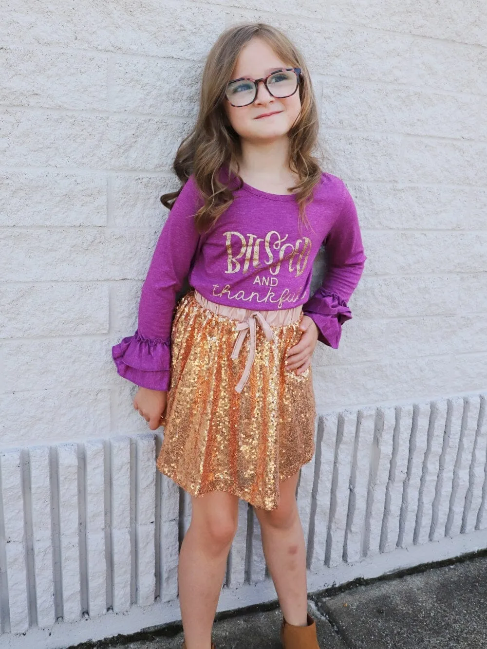 Blessed & Thankful Purple Gold Sequin Ruffle Girls Skirt Outfit