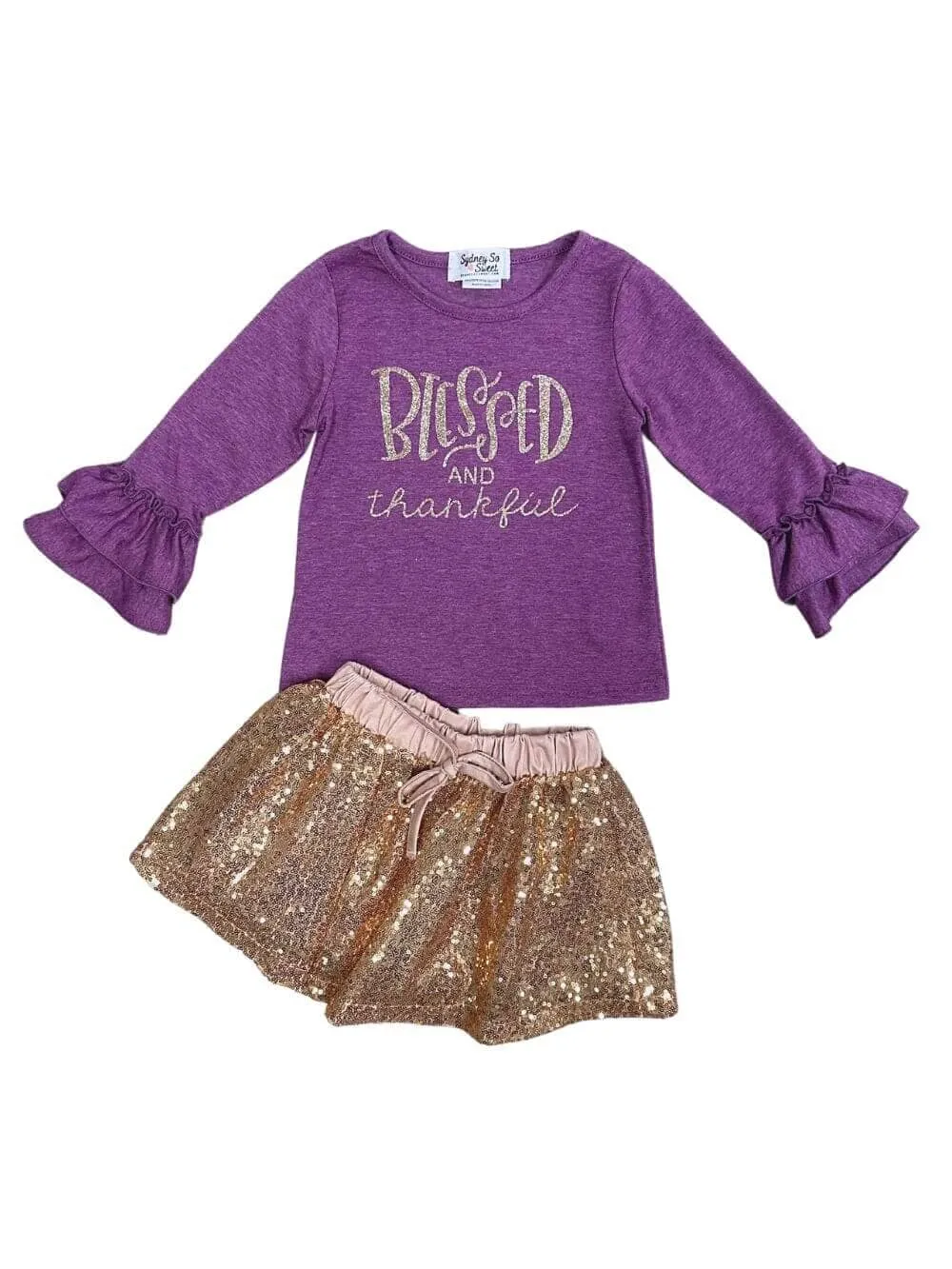 Blessed & Thankful Purple Gold Sequin Ruffle Girls Skirt Outfit