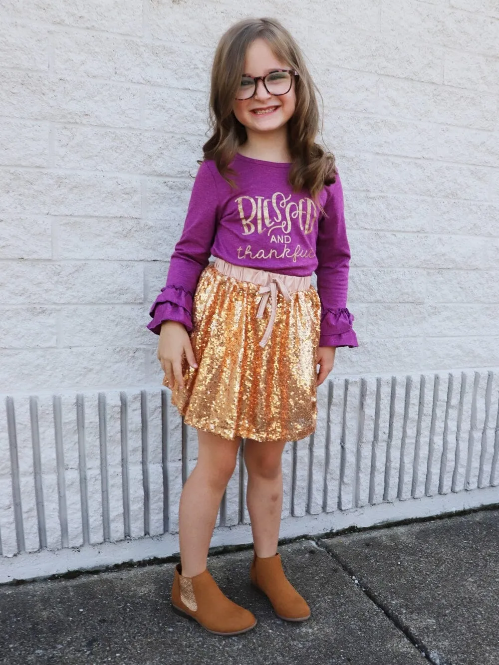 Blessed & Thankful Purple Gold Sequin Ruffle Girls Skirt Outfit