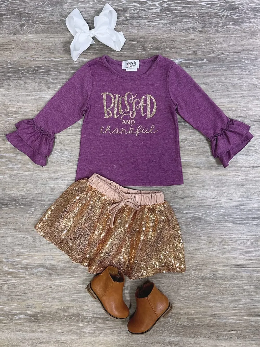 Blessed & Thankful Purple Gold Sequin Ruffle Girls Skirt Outfit