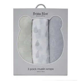 Bubba Blue Nordic 3pk Muslin Wraps - Grey/Sand