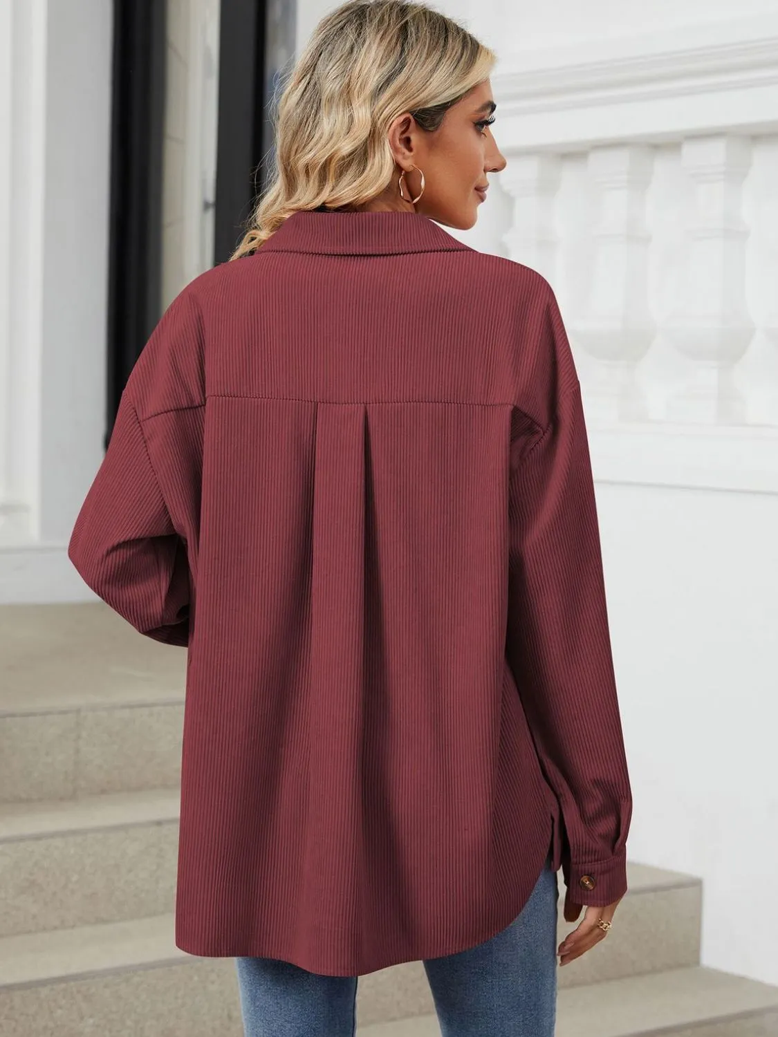 Button Up Dropped Shoulder Long Sleeve Outerwear