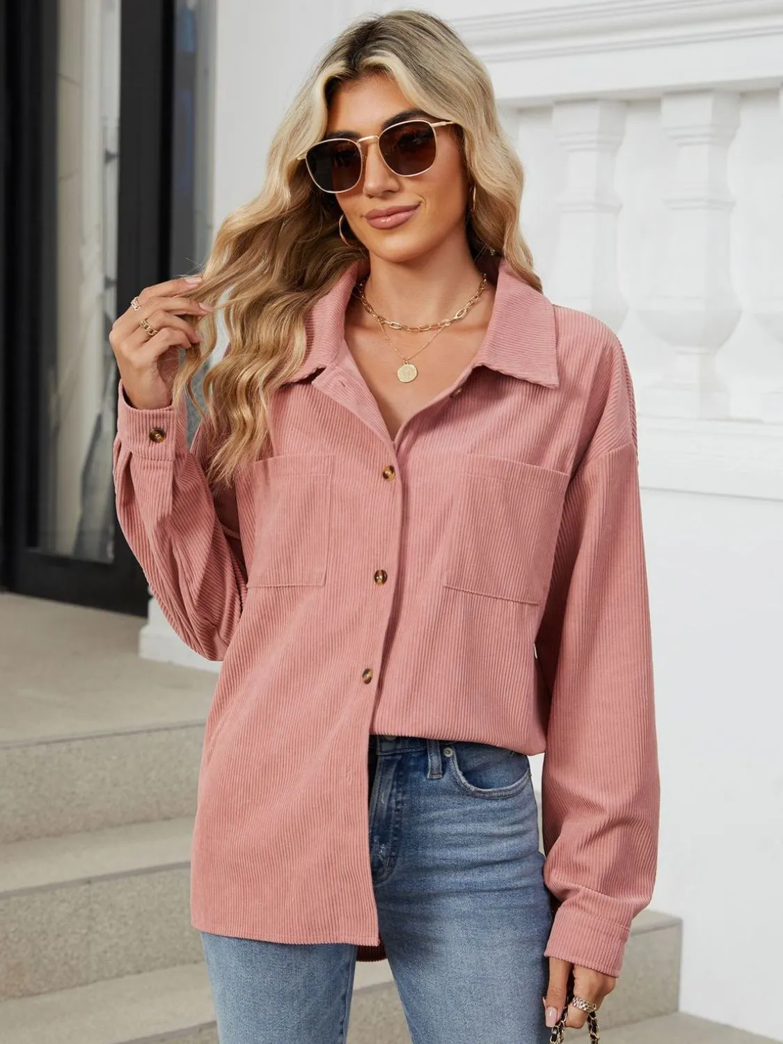 Button Up Dropped Shoulder Long Sleeve Outerwear