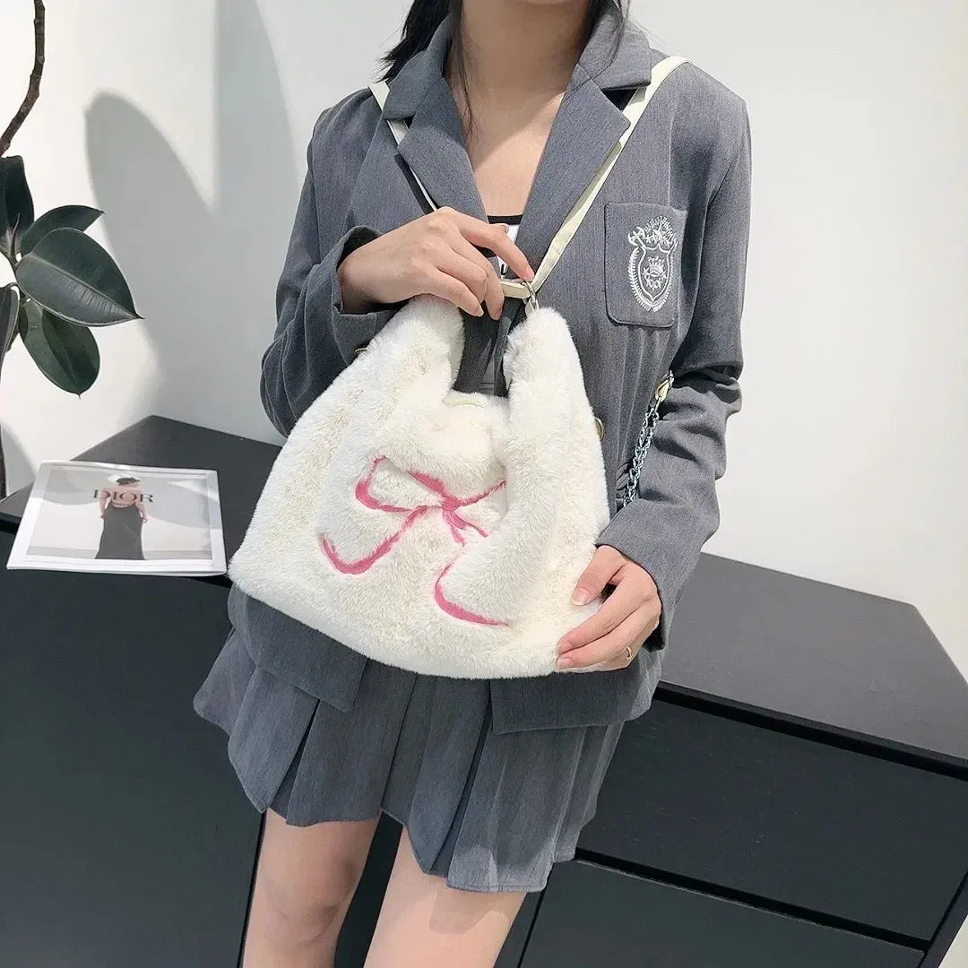 Casual Bow Embroidery Women's Furry Tote Shoulder Bags Large Capacity Girls Plush Backpack Commuter Female Faux Fur Handbags