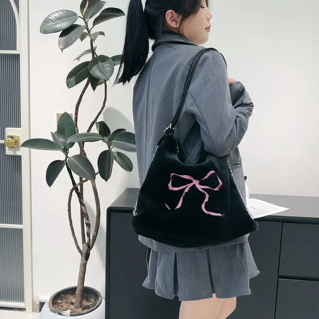 Casual Bow Embroidery Women's Furry Tote Shoulder Bags Large Capacity Girls Plush Backpack Commuter Female Faux Fur Handbags