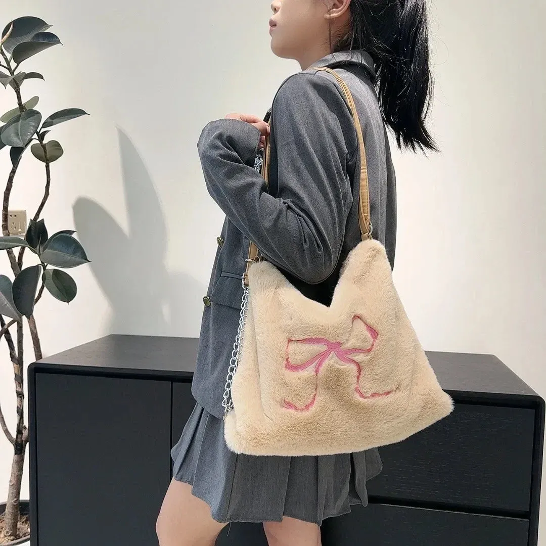 Casual Bow Embroidery Women's Furry Tote Shoulder Bags Large Capacity Girls Plush Backpack Commuter Female Faux Fur Handbags