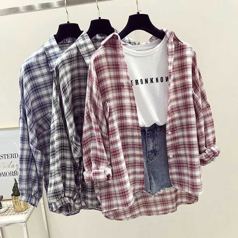 Chequered Blouse Summer Korean Loose INS Sunscreen Cardigan Tops Thin Outerwear