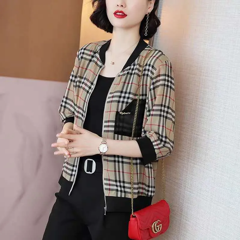 Chiffon Short Women Casual All-Matching Baseball Jersey Tops Three-Quarter Length Sleeves Chequered Jacket Outerwear