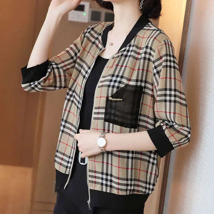 Chiffon Short Women Casual All-Matching Baseball Jersey Tops Three-Quarter Length Sleeves Chequered Jacket Outerwear