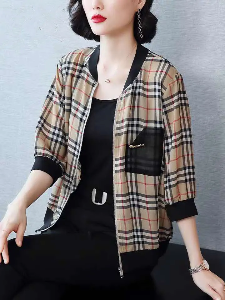 Chiffon Short Women Casual All-Matching Baseball Jersey Tops Three-Quarter Length Sleeves Chequered Jacket Outerwear