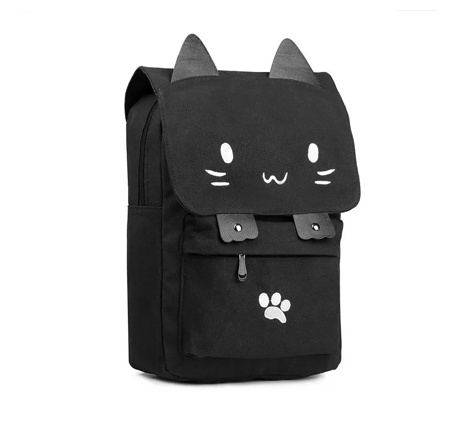 Cute Cat Cartoon Embroidery Canvas School Backpack for Teenage Girls