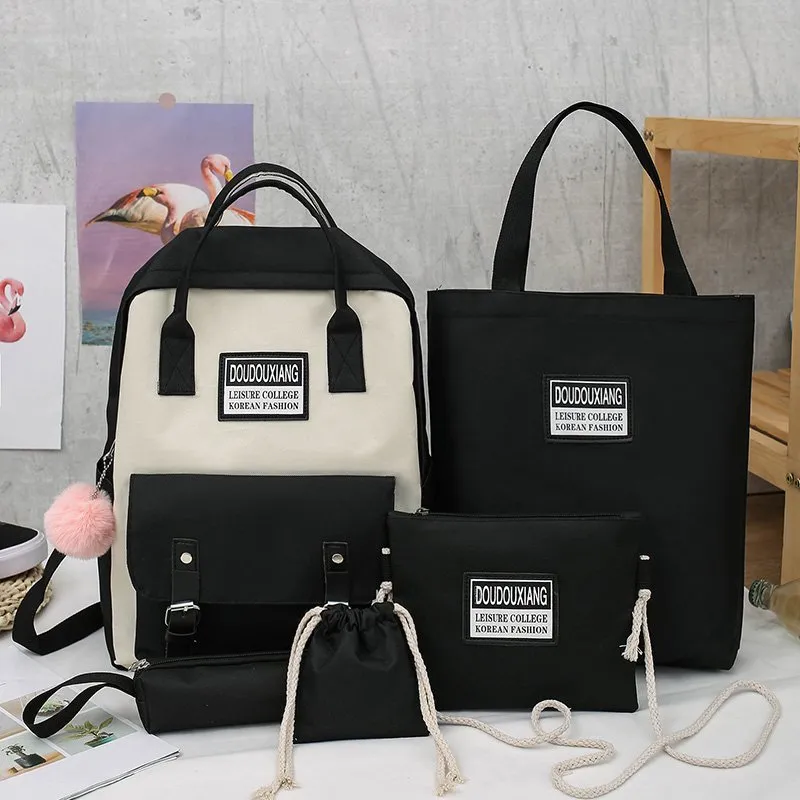 deanwangkt 5 pcs sets canvas School Bags For Teenage Girls Women New Trend Female Backpack Nylon Women Backpack Child Student Shoulder Bag