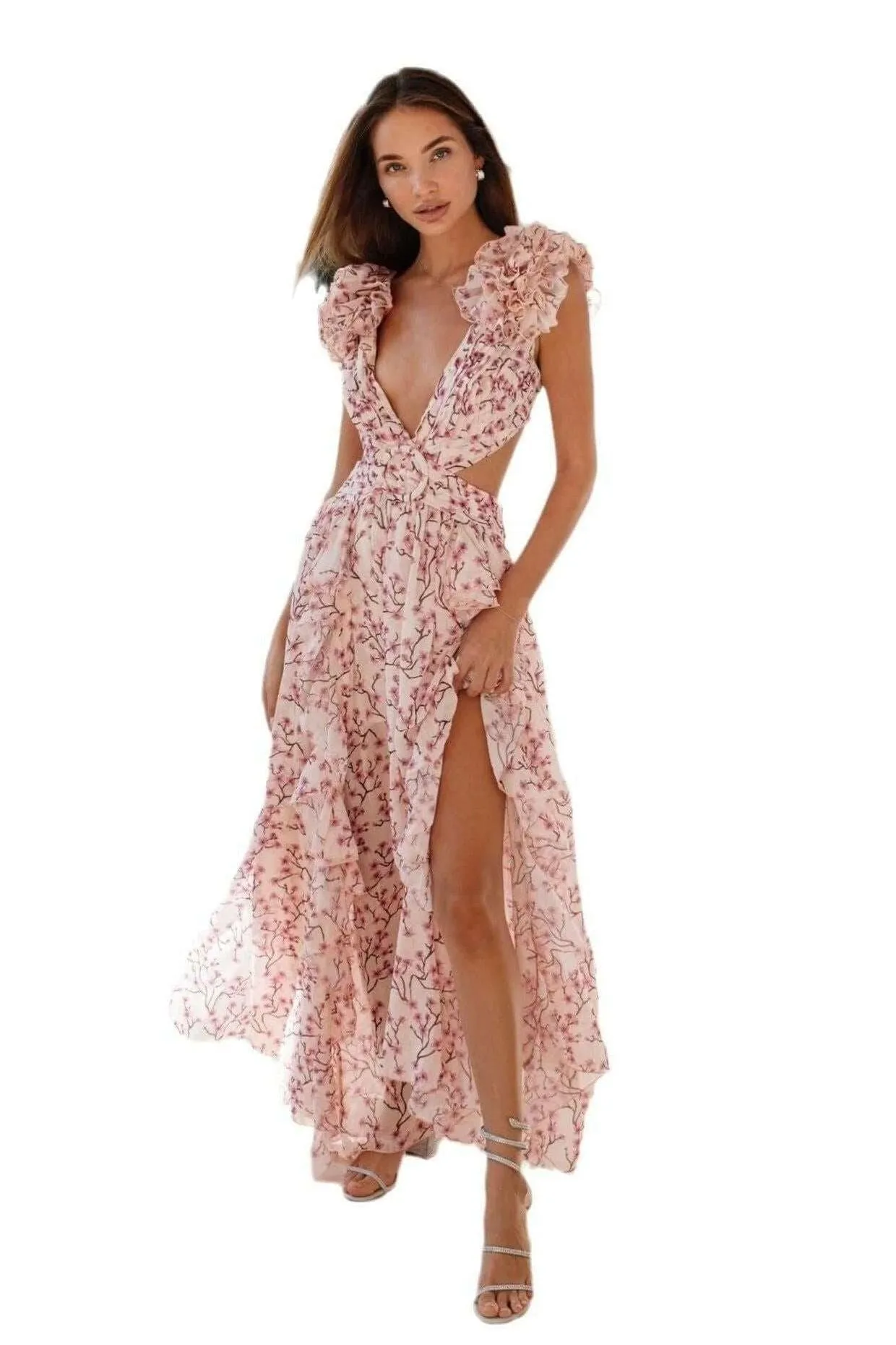 Deep V Ruffled Floral Midi Dress