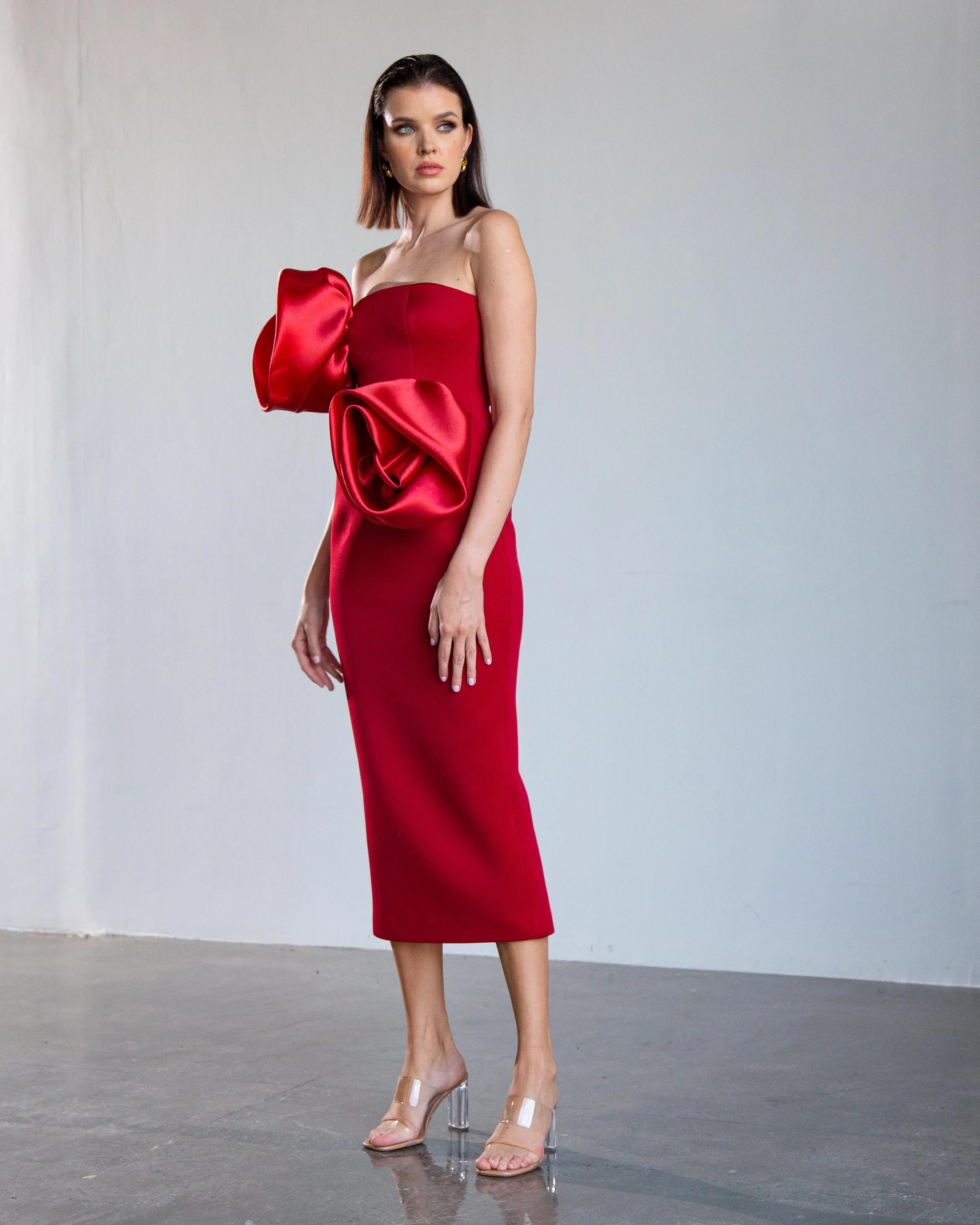 Deux Roses Strapless Midi Dress - Cherry Red