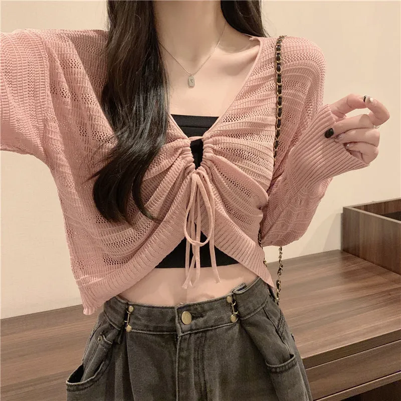 DUNNMALL Pink Reverse Hollow Drawstring Knitted Sun-Proof Cardigan Women's Summer Thin Small Sling Outerwear Cover-up