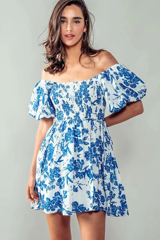 Elsie Blooming Puff Sleeve Dress BLUE