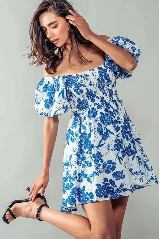 Elsie Blooming Puff Sleeve Dress BLUE