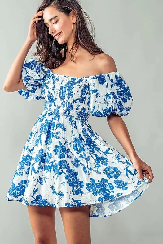 Elsie Blooming Puff Sleeve Dress BLUE