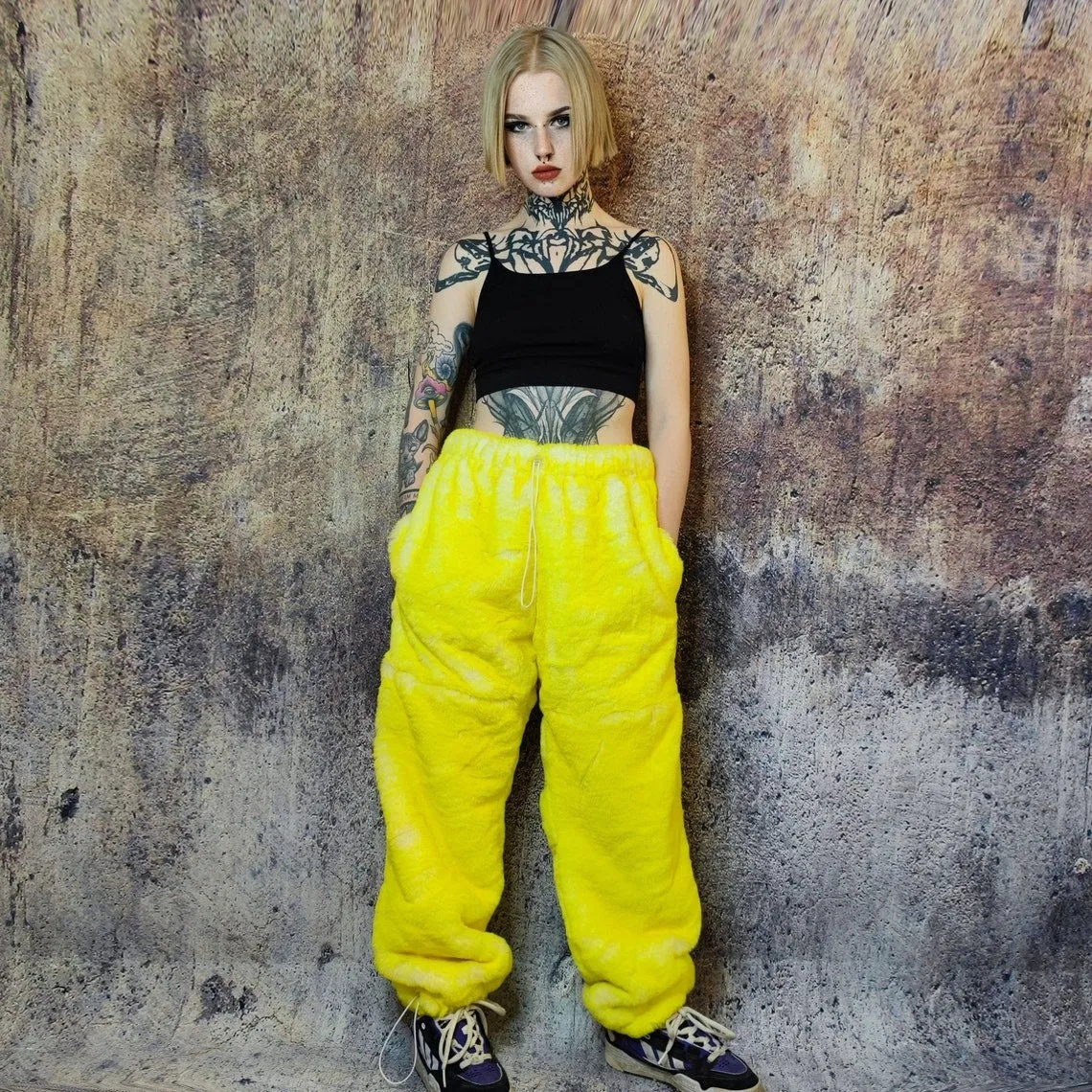 Faux fur joggers luxury detachable party pants handmade Barbie shorts fluffy premium festival overalls neon lemon yellow