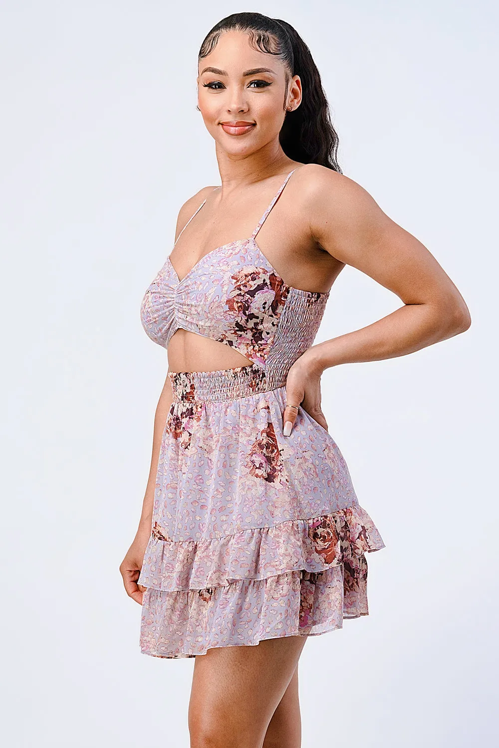 FLORAL CHIFFON SMOCKED RUFFLED MINI DRESS