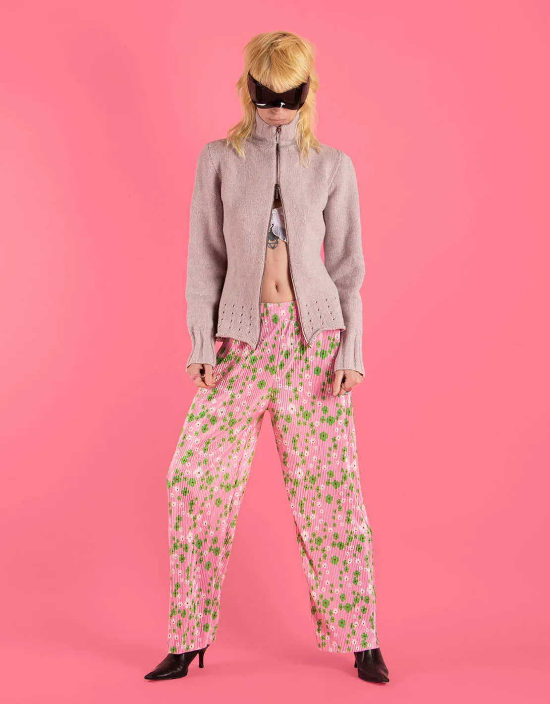 Floral plisse trousers