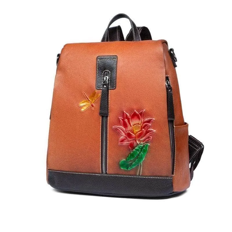 Flower Pattern Vintage Genuine Leather Backpack