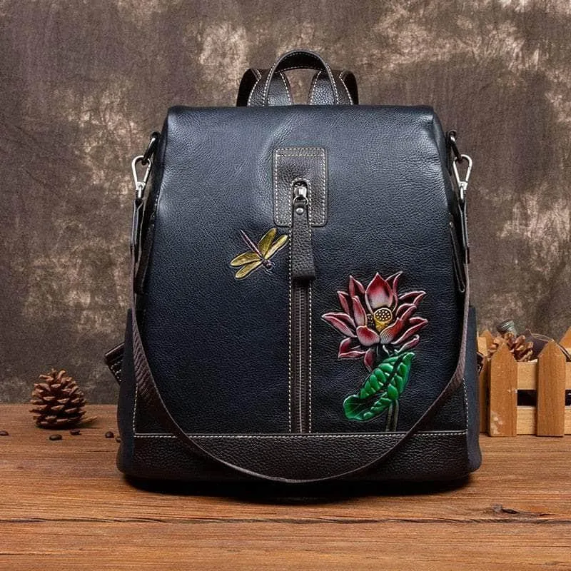 Flower Pattern Vintage Genuine Leather Backpack