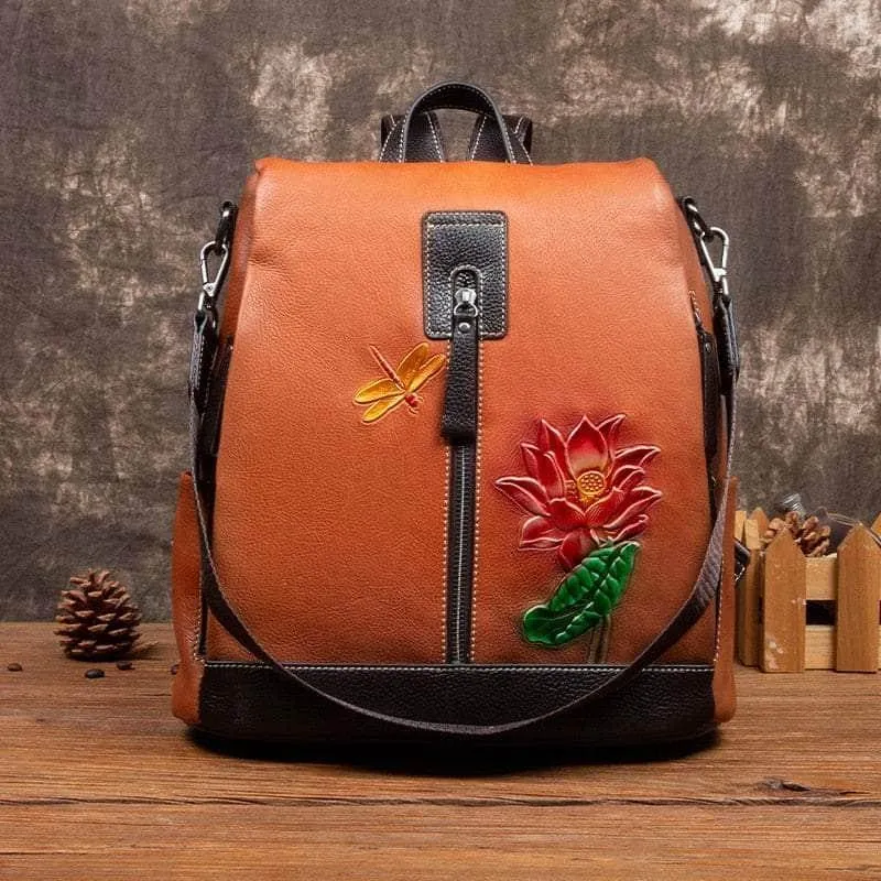 Flower Pattern Vintage Genuine Leather Backpack