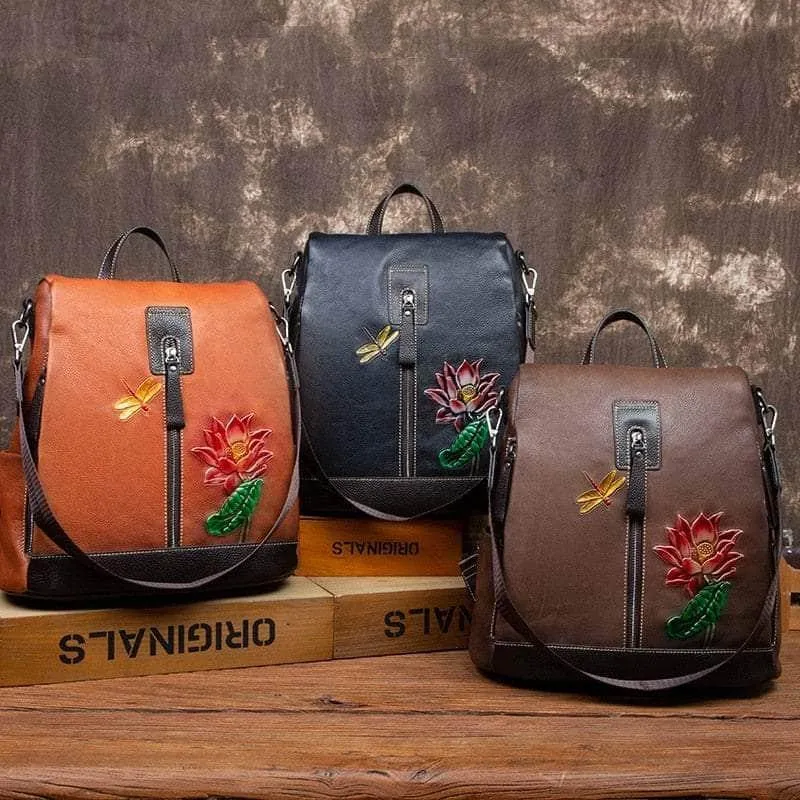 Flower Pattern Vintage Genuine Leather Backpack