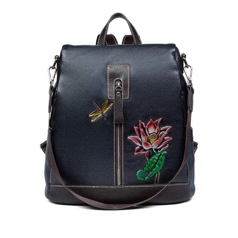 Flower Pattern Vintage Genuine Leather Backpack