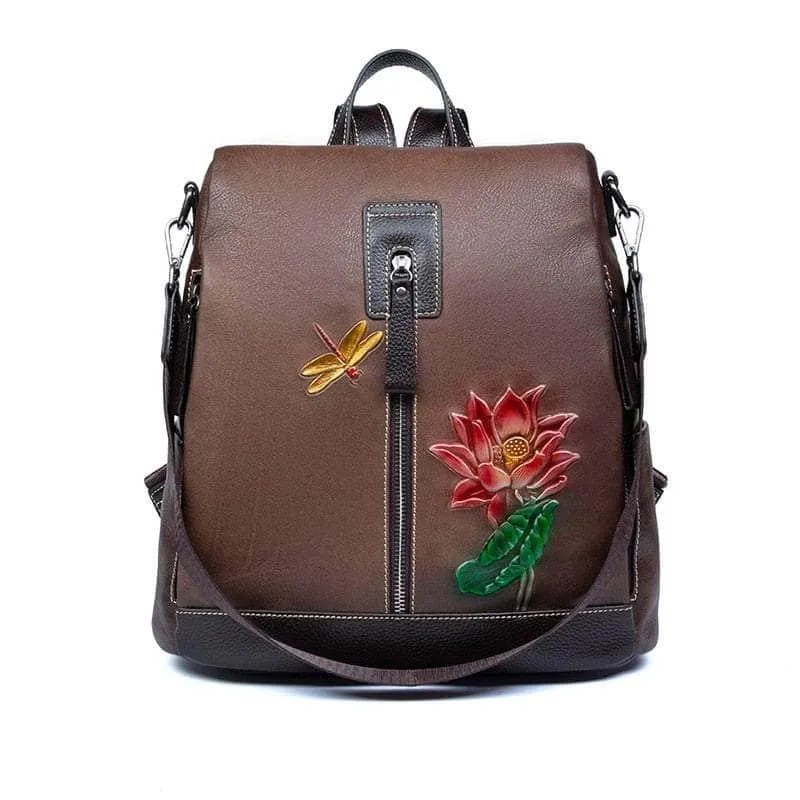 Flower Pattern Vintage Genuine Leather Backpack