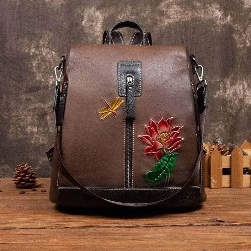 Flower Pattern Vintage Genuine Leather Backpack