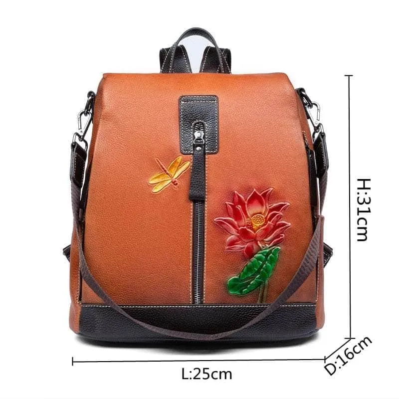 Flower Pattern Vintage Genuine Leather Backpack