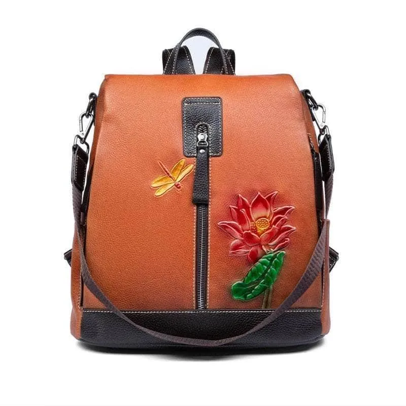 Flower Pattern Vintage Genuine Leather Backpack