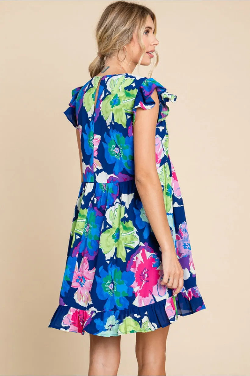 Flower Print Dress W/V-Neck, Ruffled Cap Shoulder