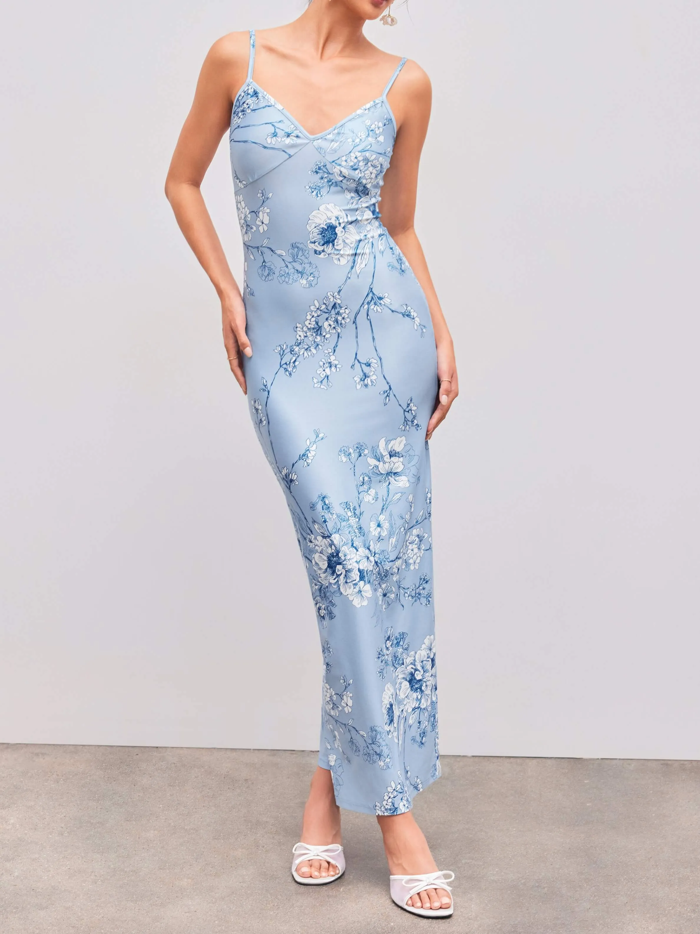 Flytonn- Blue Blossom V-Neck Cami Maxi Dress