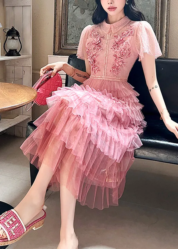 French Pink Embroidered Ruffled Patchwork Tulle Dresses Summer ZL041