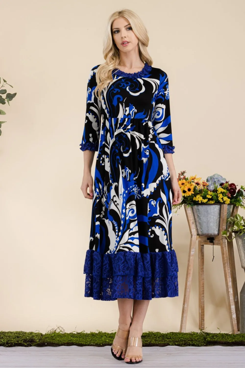 Full Size Paisley Print Lace Ruffled Midi Dress