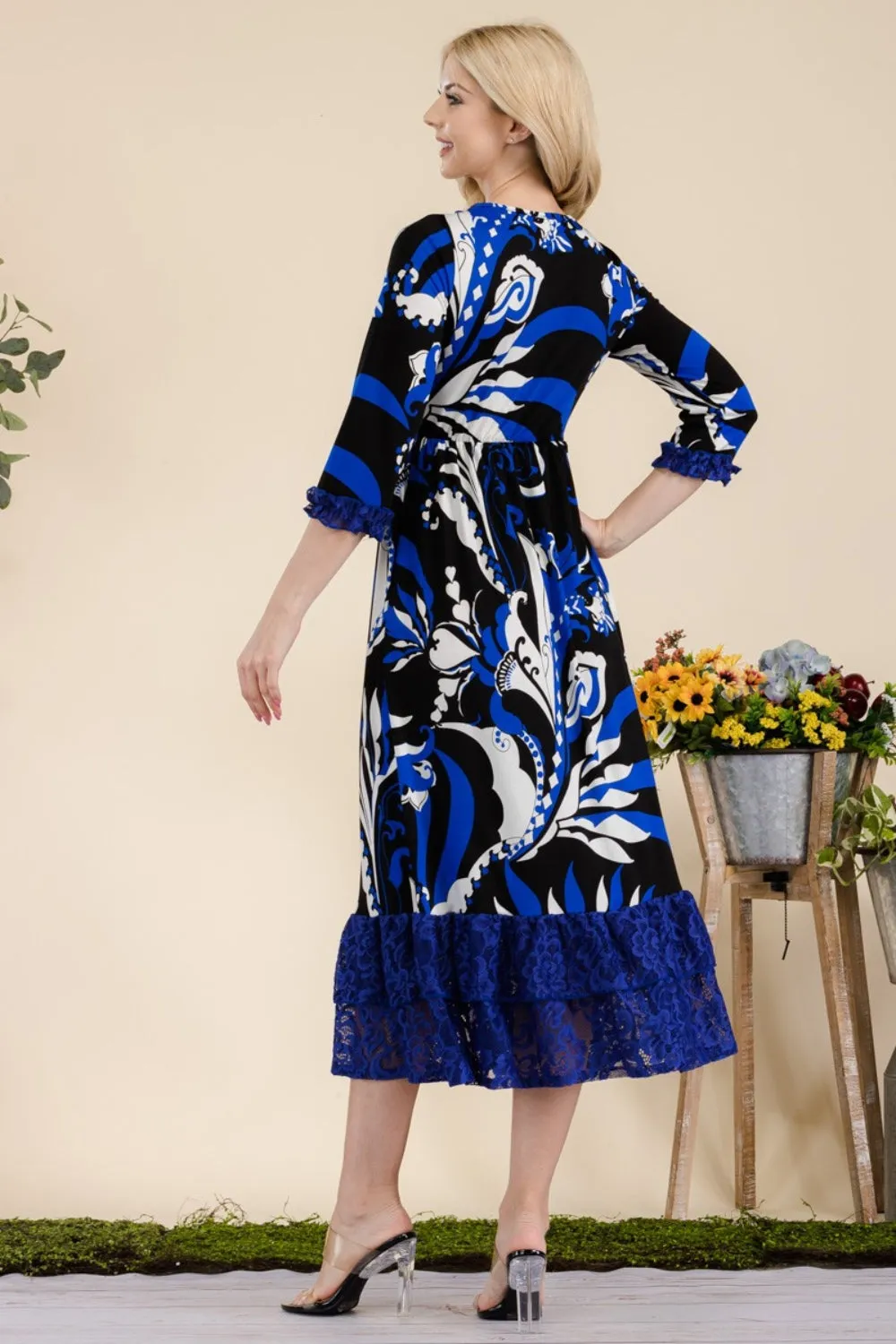 Full Size Paisley Print Lace Ruffled Midi Dress